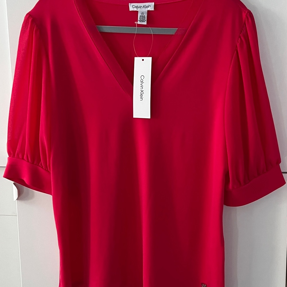 Calvin Klein magenta short sleeve blouse.  NWT.  Sheer sleeves